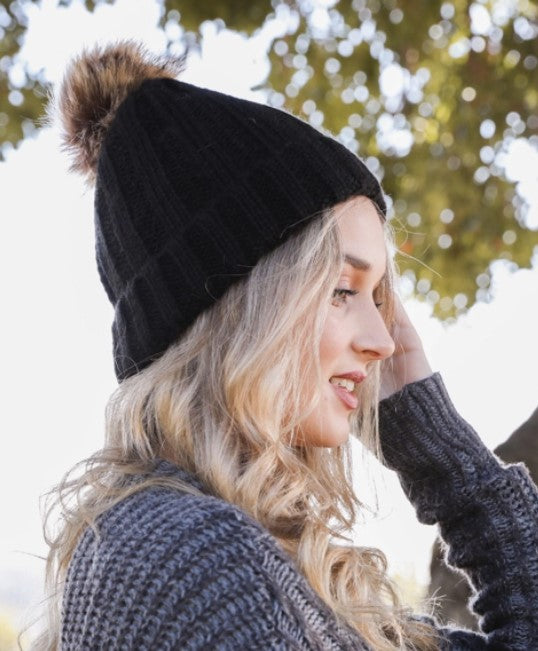 Ribbed Faux Fur Pom Beanie (Multiple Colors)